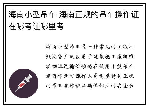海南小型吊车 海南正规的吊车操作证在哪考证哪里考